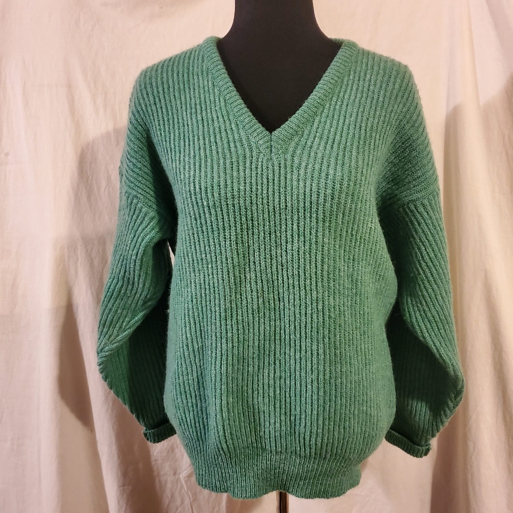Vntg Highland Glen Wool V-neck Ribbed Shetland Chunky Sweater Made in Scotland M